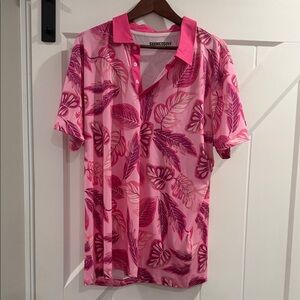 Pink Leaf Print Men's Polo Shirt